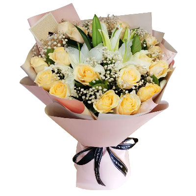 兴安17朵香槟玫瑰百合，爱不惧风雨