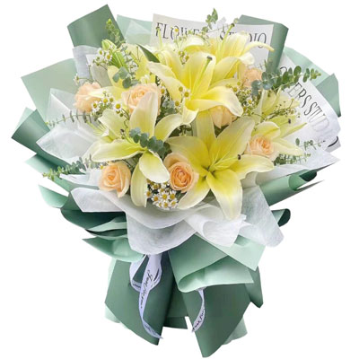 兴安9朵香槟玫瑰黄色百合，每天充满活力